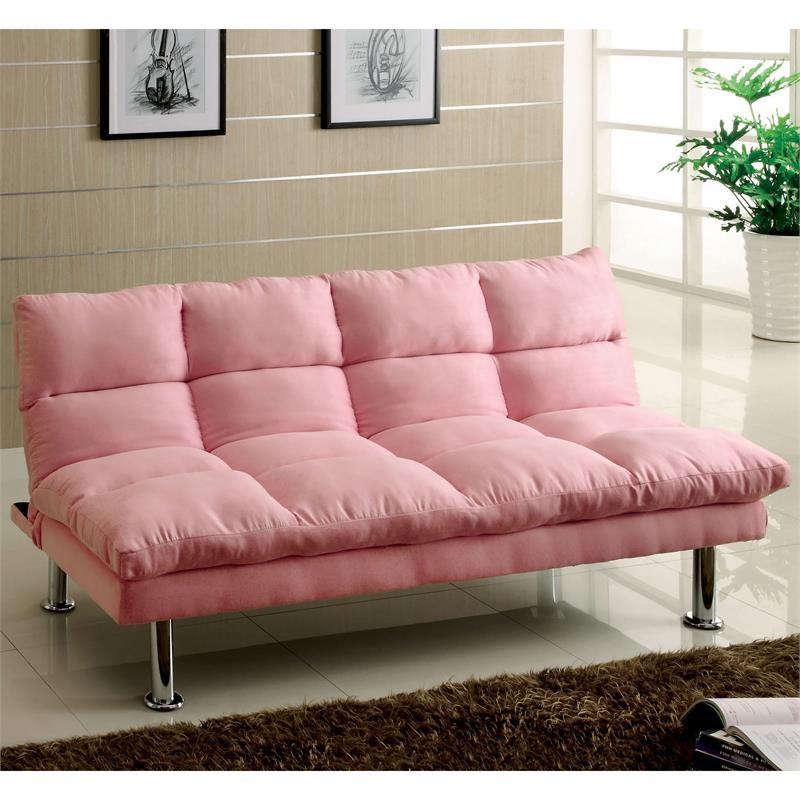 Furniture of America Kaleo Microfiber Convertible Futon Sofa in Pink