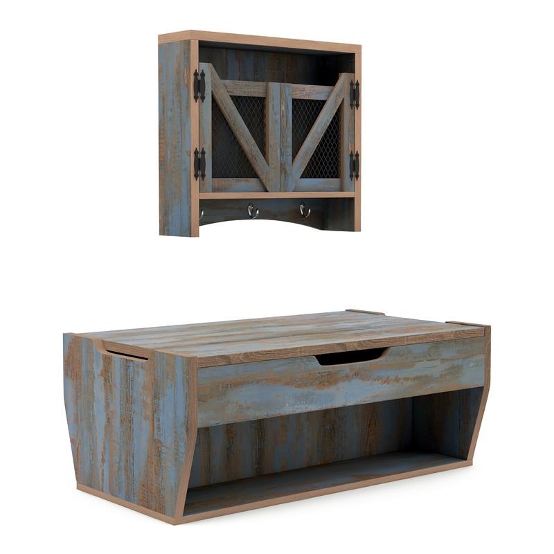 Furniture of America Monta Wood 2pc Coffee Table and Wall Cabinet Set in Blue