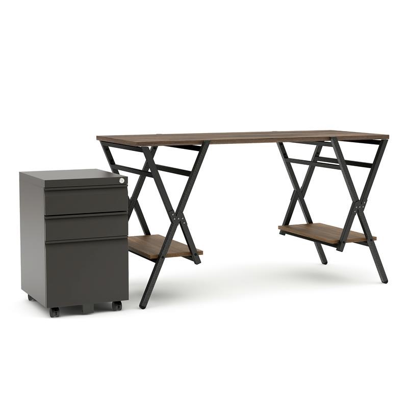 Furniture of America Carti Rustic Metal 2-Piece Desk and File Cabinet in Oak