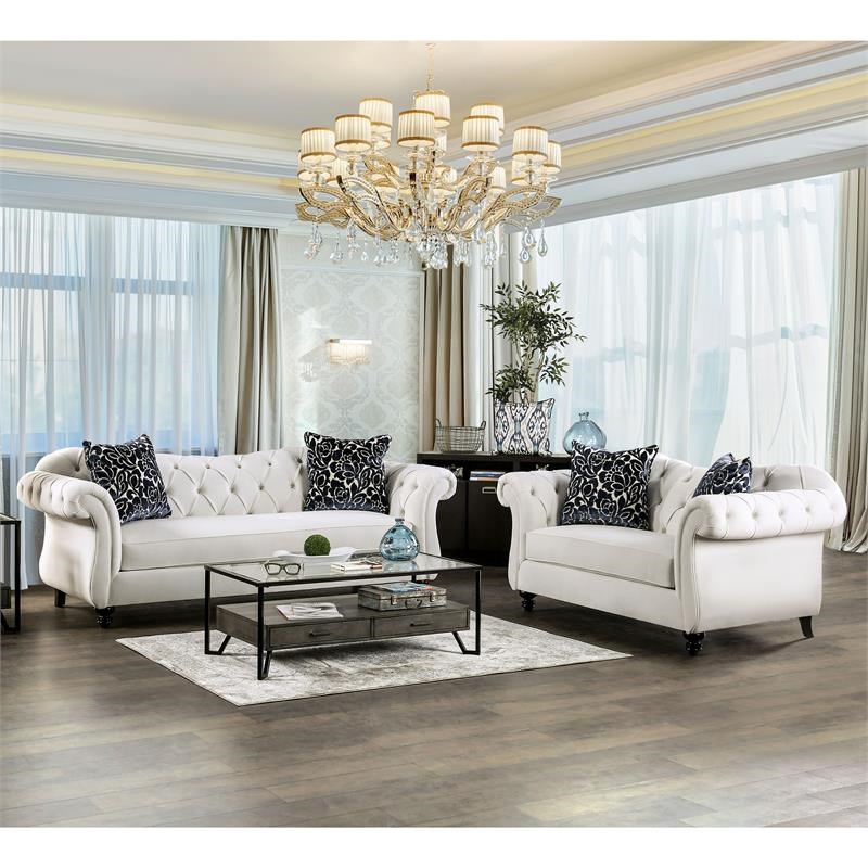 Furniture of America Luo Glam Fabric Tufted Sofa with Pillow in White