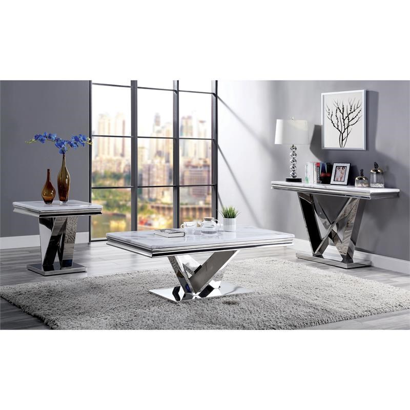 Furniture of America Mersa Glam Metal Pedestal Console Table in Chrome