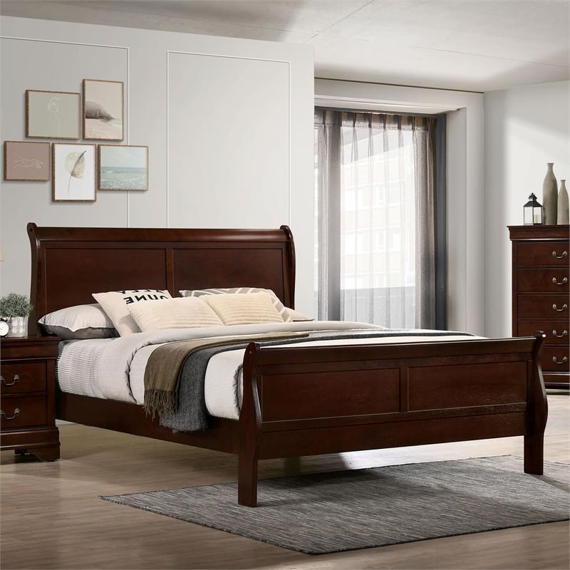 Furniture of America Jussy Transitional Solid Wood King Sleigh Bed in Cherry