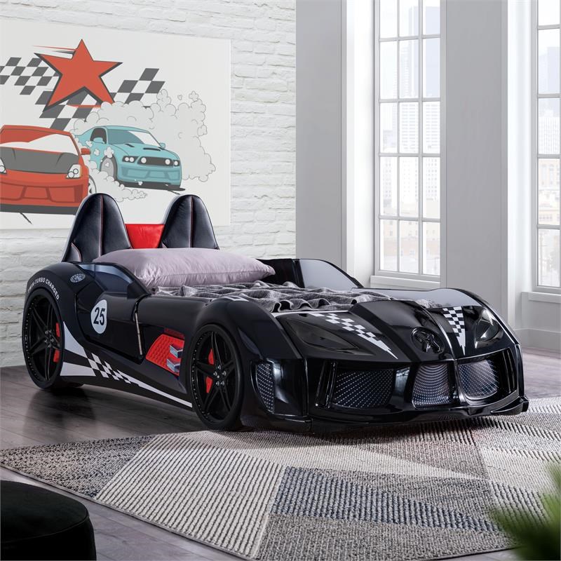 Furniture of America Sonet Plastic Twin Race Car Bed with LED Light in Black