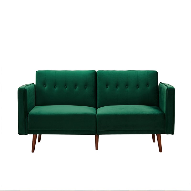 Katelyn 85 Inch Velvet Tufted Wooden Leg Square Arm Sleeper Sofa in Green