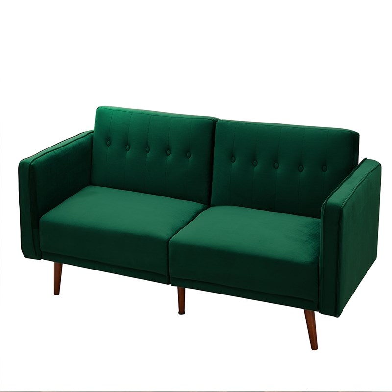 Katelyn 85 Inch Velvet Tufted Wooden Leg Square Arm Sleeper Sofa in Green
