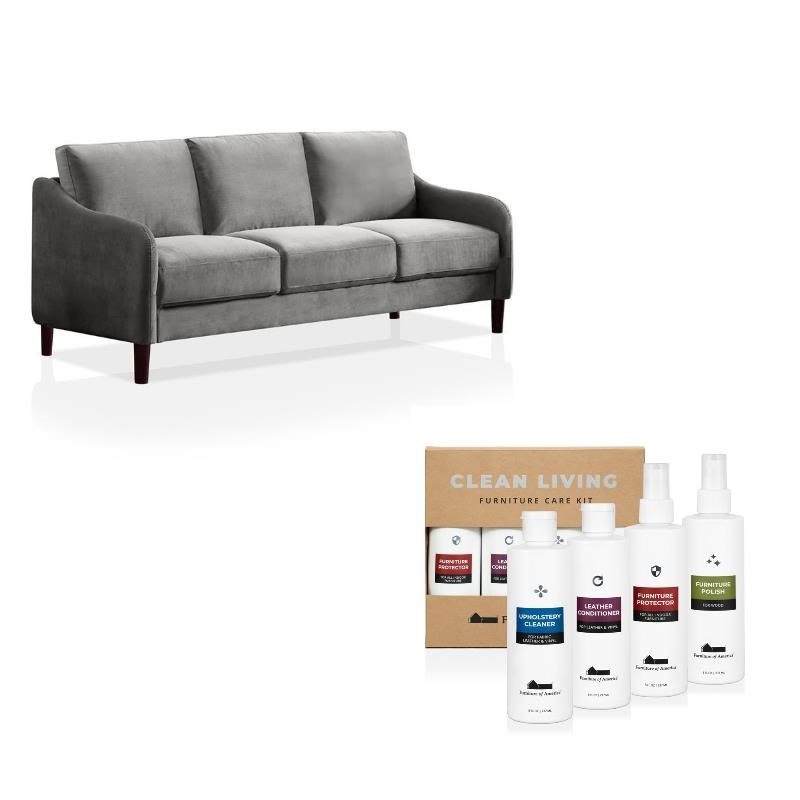 Derra Modern 2-Piece Gray Fabric Sofa and Cleaning Care Kit Set