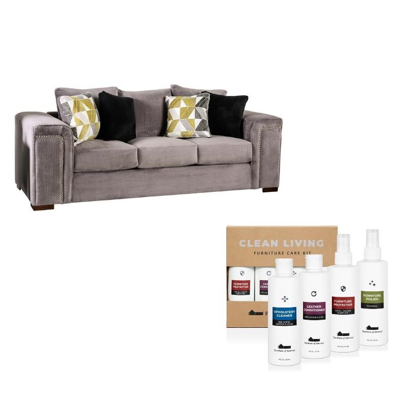 Furniture of America Divana Sofa in Warm Gray with Cleaning Care Kit Set of 2