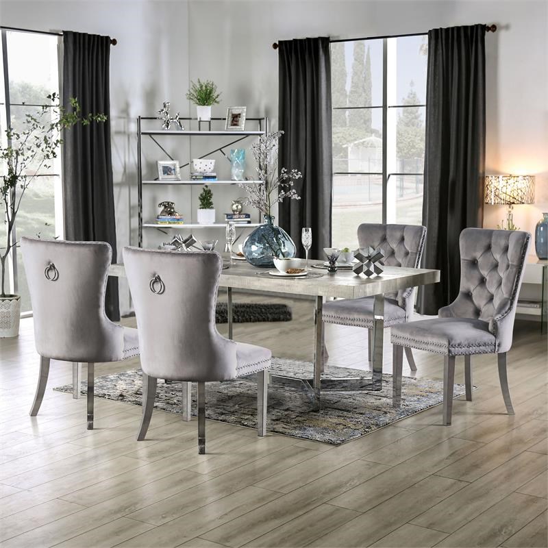 Furniture of America Hiddleston Metal 5-Piece Dining Set in Chrome and Gray