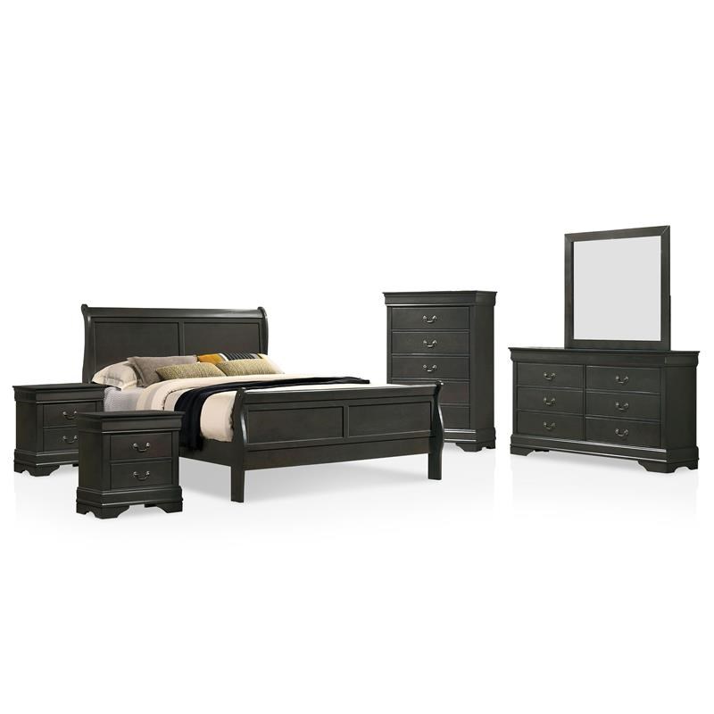 FOA Jussy 6pc Gray Wood Bed Set-King+2 Nightstands+Chest+Dresser+Mirror