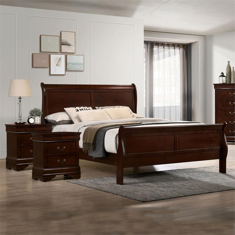 Furniture of America Jussy 3pc Cherry Wood Bedroom Set-Twin + 2 Nightstands