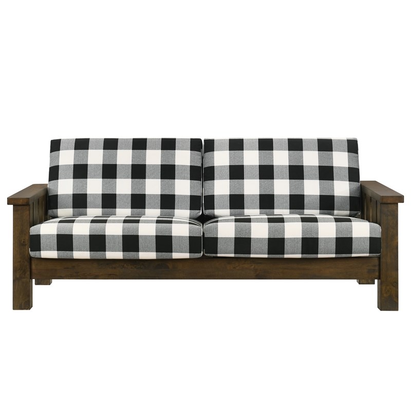 Furniture of America Tally Brown Rustic Wood Finish and Plaid Fabric Sofa