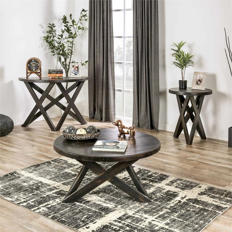 Furniture of America Ramin Rustic Solid Wood Round End Table in Black ...
