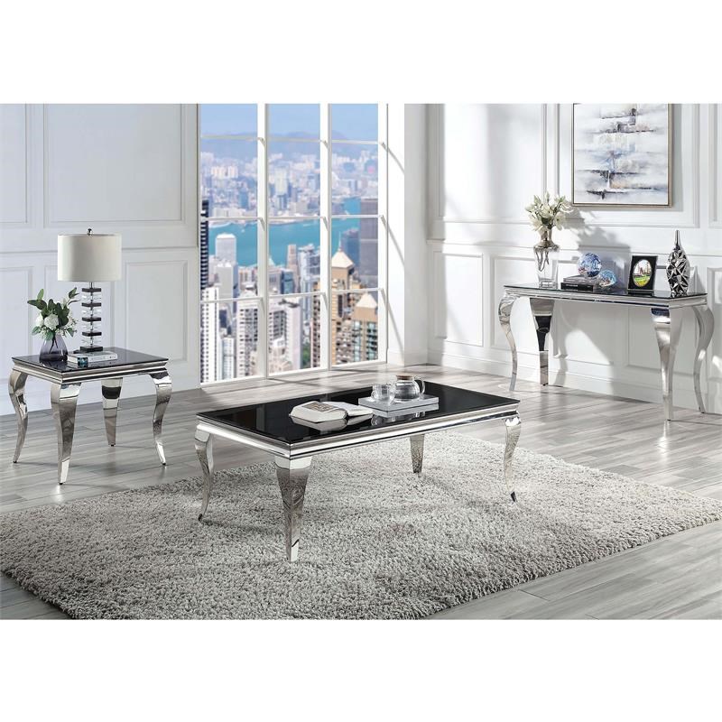 Furniture of America Alang Glam Glass Top End Table in Black and Silver