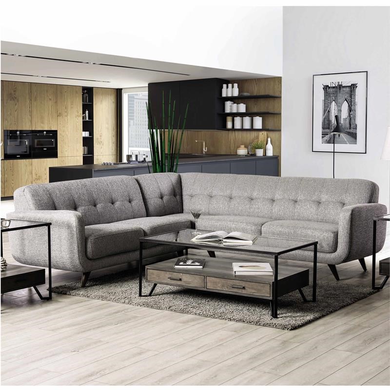 Furniture of America Sheli Mid-Century Modern Fabric Tufted Sectional in Gray