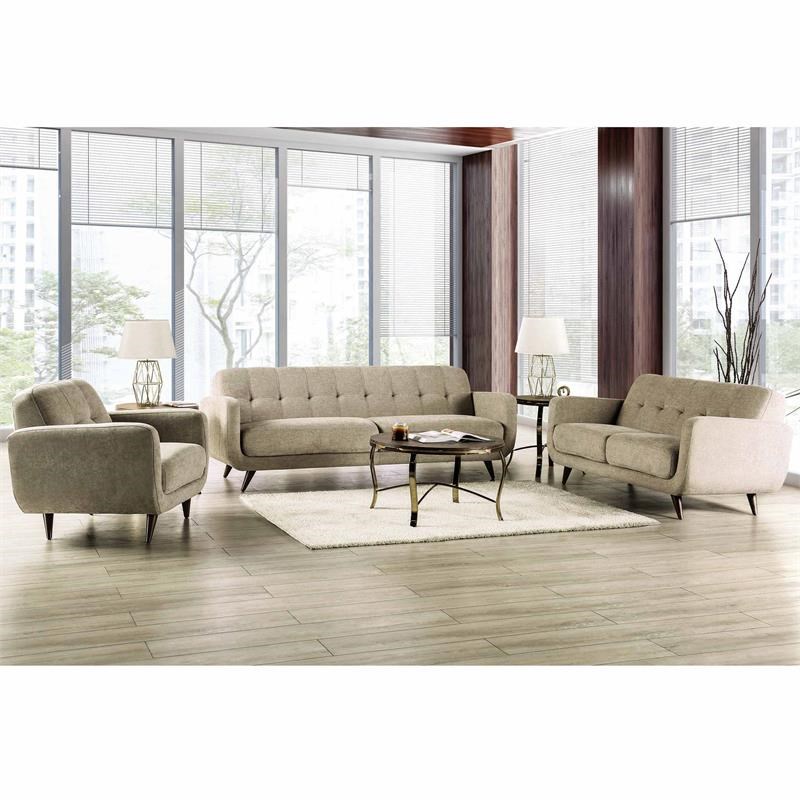 Furniture of America Kaity Mid-Century Modern Fabric Tufted Loveseat in Beige