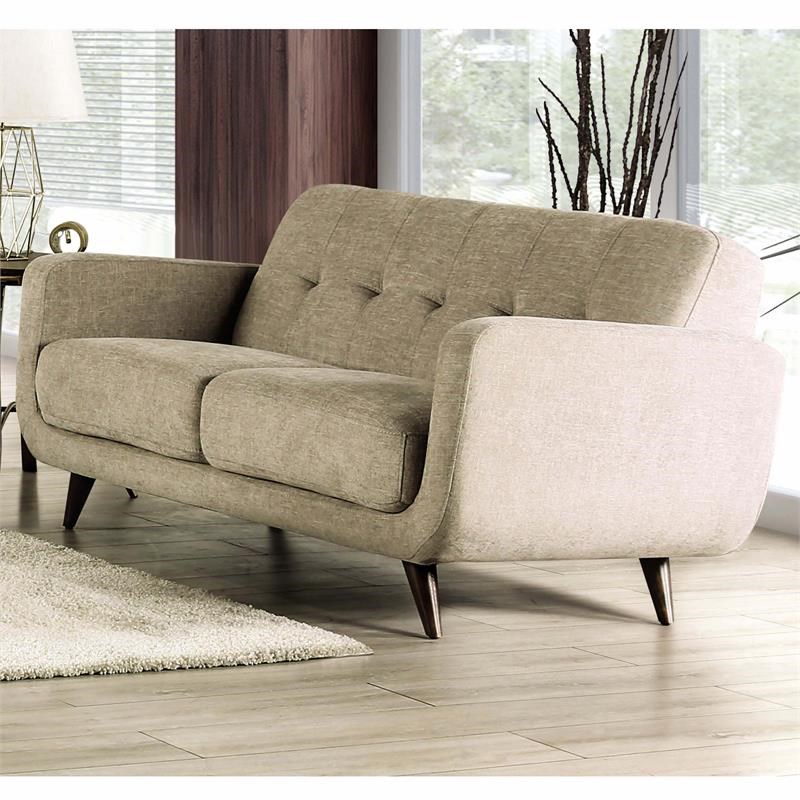 Furniture of America Kaity Mid-Century Modern Fabric Tufted Loveseat in Beige