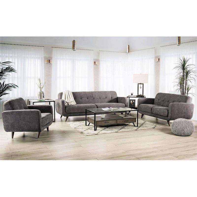 Furniture of America Kaity Mid-Century Modern Fabric Tufted Loveseat in Gray