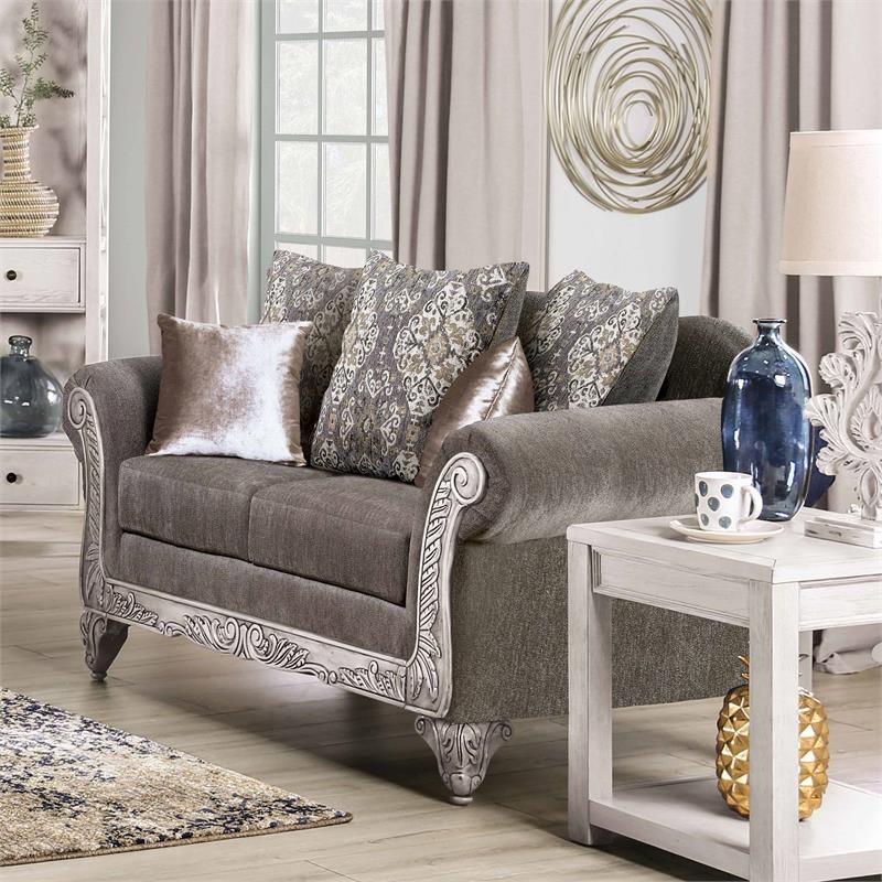 Furniture of America Forli Traditional Chenille Upholstered Loveseat in Gray