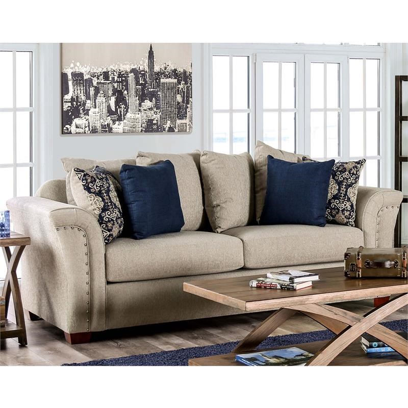Furniture of America Jaqui Transitional Fabric Nailhead Sofa in Beige