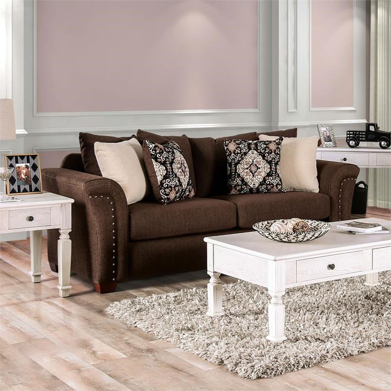 Furniture of America Jaqui Transitional Fabric Nailhead Sofa in Chocolate