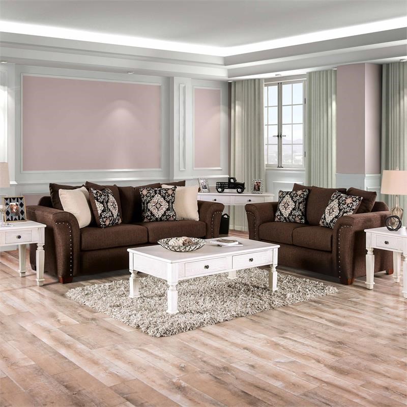 Furniture of America Jaqui Transitional Fabric Nailhead Sofa in Chocolate