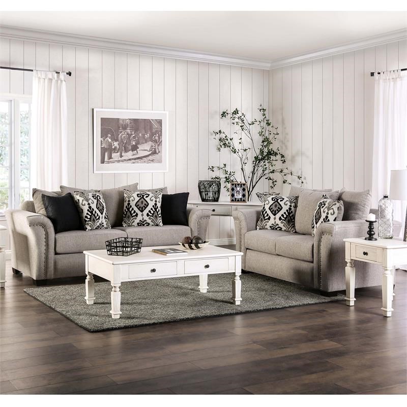 Furniture of America Jaqui Transitional Fabric Nailhead Sofa in Light Taupe