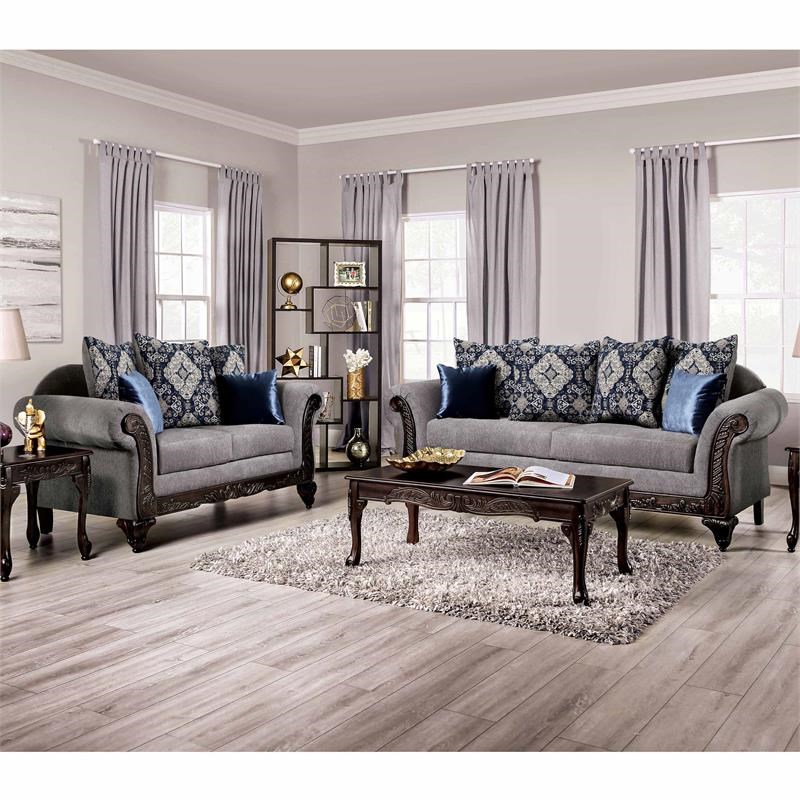 Furniture of America Lantz Traditional Chenille Upholstered Loveseat in Gray