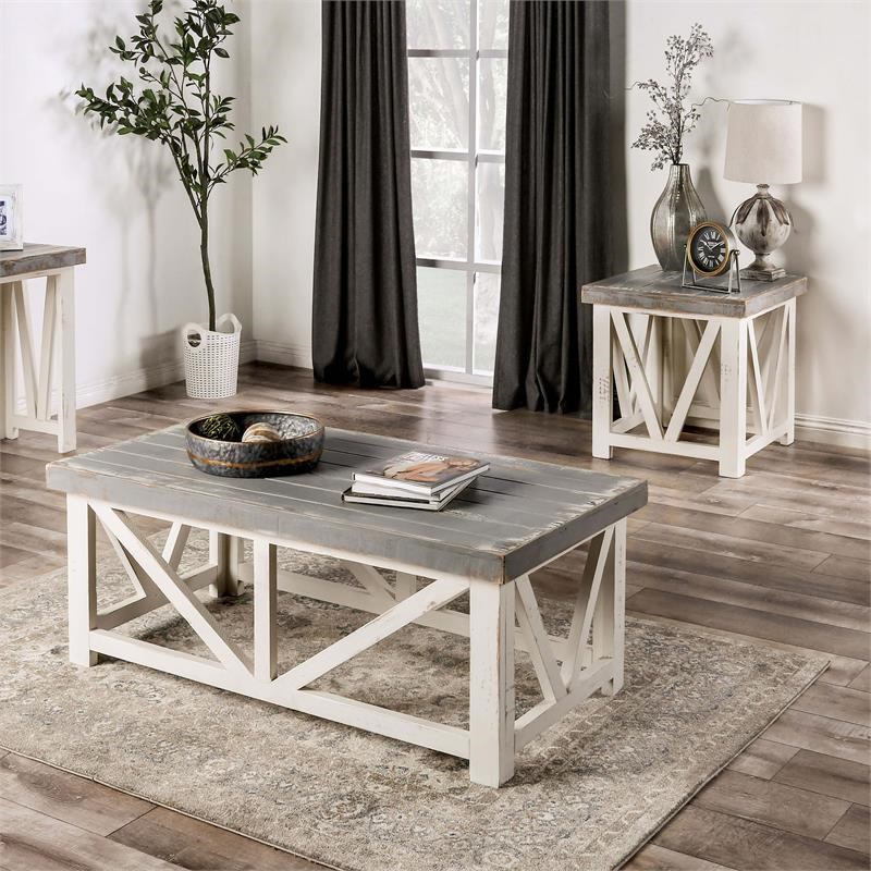 Furniture of America Osier Solid Wood 2-Piece Coffee Table Set in Ivory