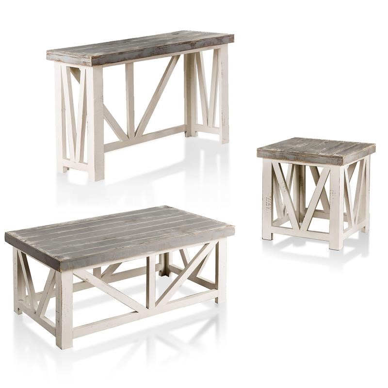 Furniture of America Osier Solid Wood 3-Piece Coffee Table Set in Ivory
