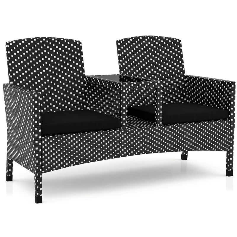 FOA Azur Black Aluminum & Wicker Patio Loveseat + Storage Bench Set of
