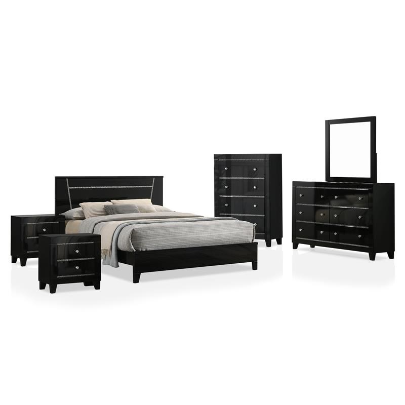 FOA Murvy 6pc Black Wood Bedroom Set-King+2 Nightstands+Chest+Dresser+Mirror