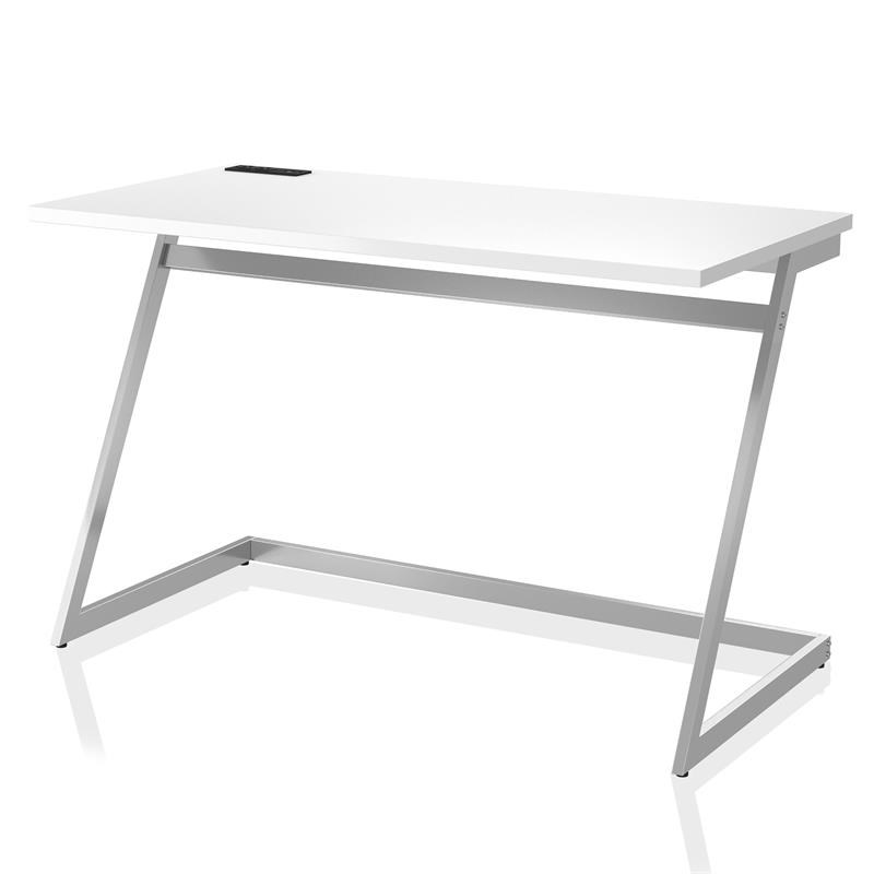 Furniture of America Cornica Metal Writing Desk with USB in White and Chrome