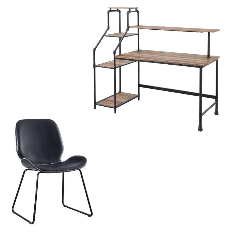 FOA 2-Piece Home Office Metal Desk and Faux Leather Black Chair Set