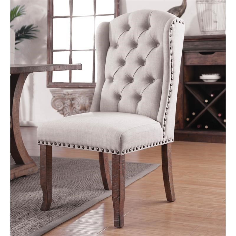 Furniture of America Liston Rustic Fabric Wing Back Chair in Ivory (Set of 2)
