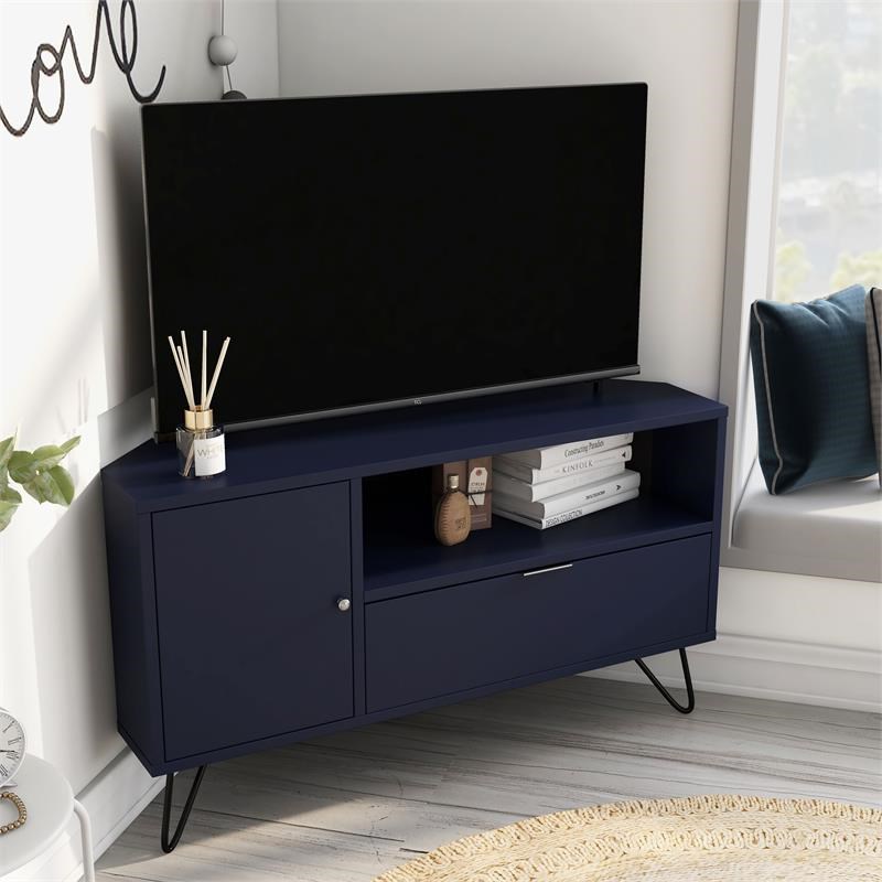 Furniture of America Emilia Modern Wood Multi-Storage Corner TV Stand in Navy