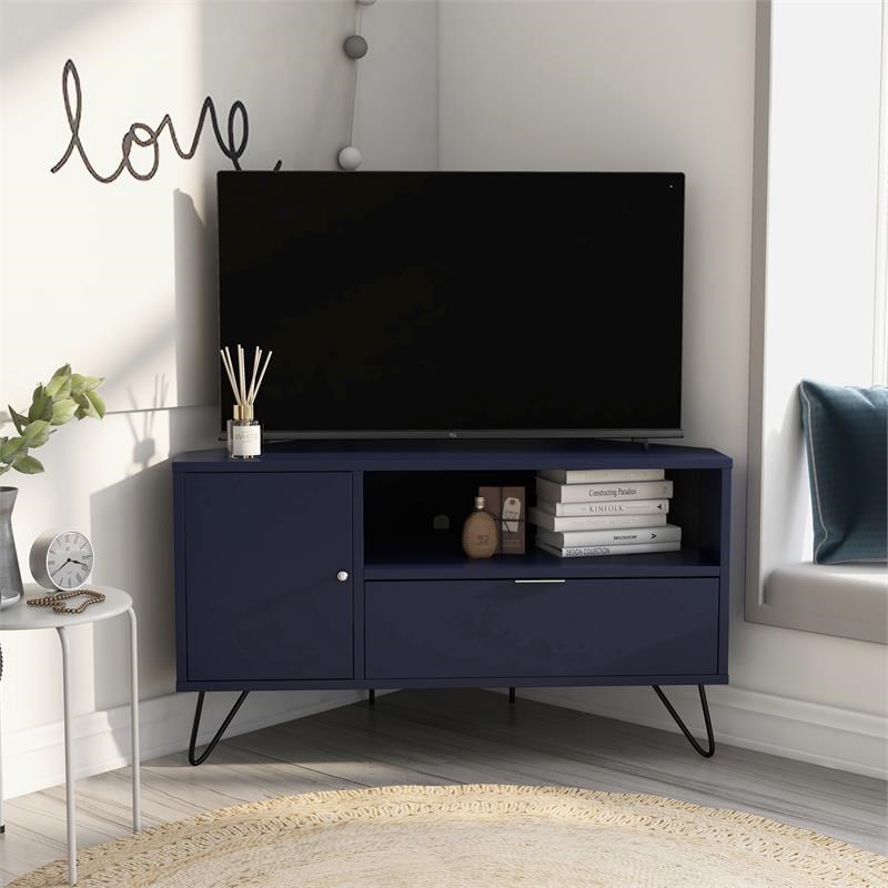 Furniture of America Emilia Modern Wood Multi-Storage Corner TV Stand in Navy