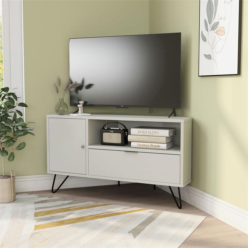 Furniture of America Emilia Modern Wood Multi-Storage Corner TV Stand in White
