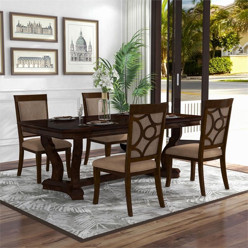 Furniture of America Katuy Solid Wood 5-Piece Dining Set in Walnut and Brown