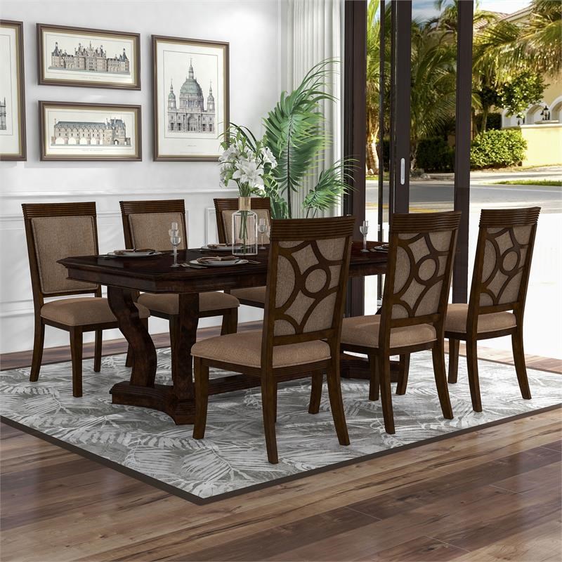 Furniture of America Katuy Solid Wood 7-Piece Dining Set in Walnut and Brown
