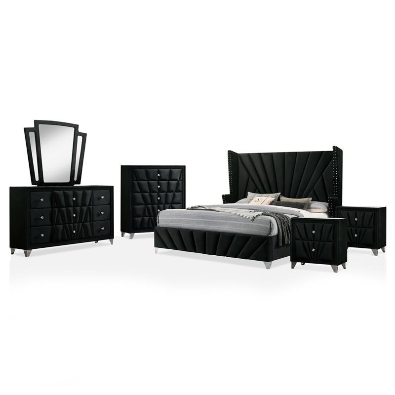 FOA Sakan 6pc Black Fabric Bed Set-Cal King+2 Nightstands+Chest+Dresser+Mirror