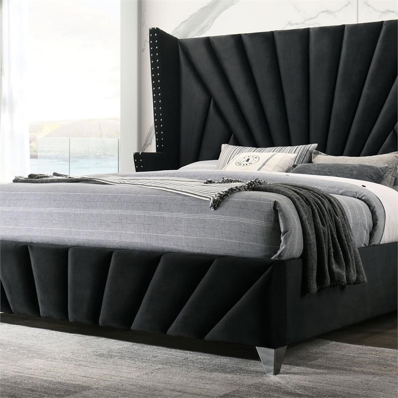 FOA Sakan 6pc Black Fabric Bed Set-King+2 Nightstands+Chest+Dresser+Mirror