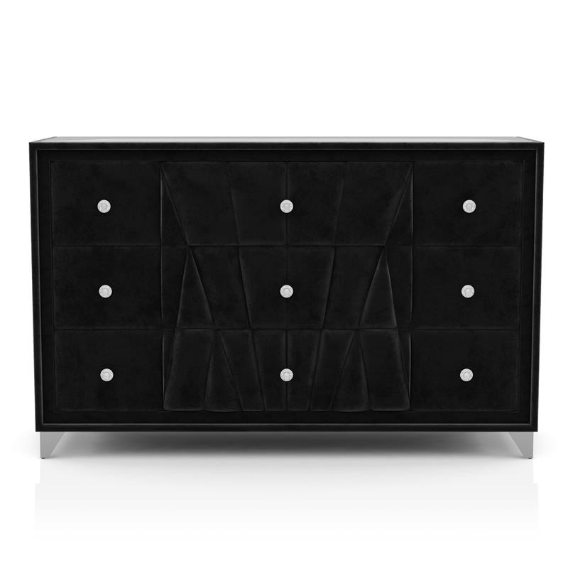 FOA Sakan 6pc Black Fabric Bed Set-Queen+2 Nightstands+Chest+Dresser+Mirror
