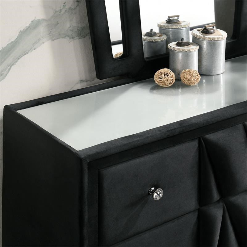 FOA Sakan 6pc Black Fabric Bed Set-Queen+2 Nightstands+Chest+Dresser+Mirror