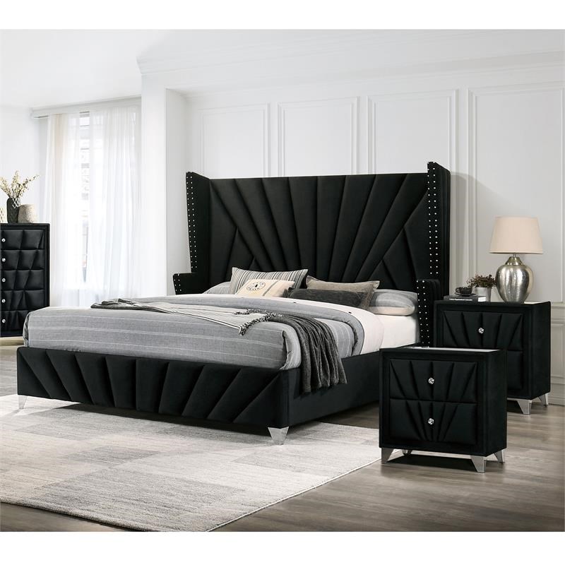 Furniture of America Sakan 3pc Black Fabric Bedroom Set-Cal King + 2 Nightstands
