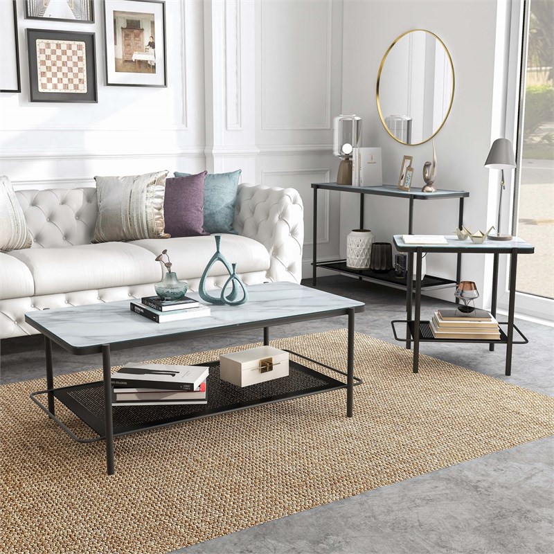 Furniture of America Joaquin Metal 3-Piece Coffee Table Set in Black and White
