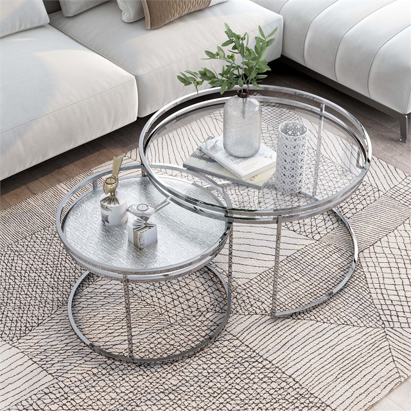 Furniture of America Belmont Metal 2-Piece Nesting Table in Chrome and Clear