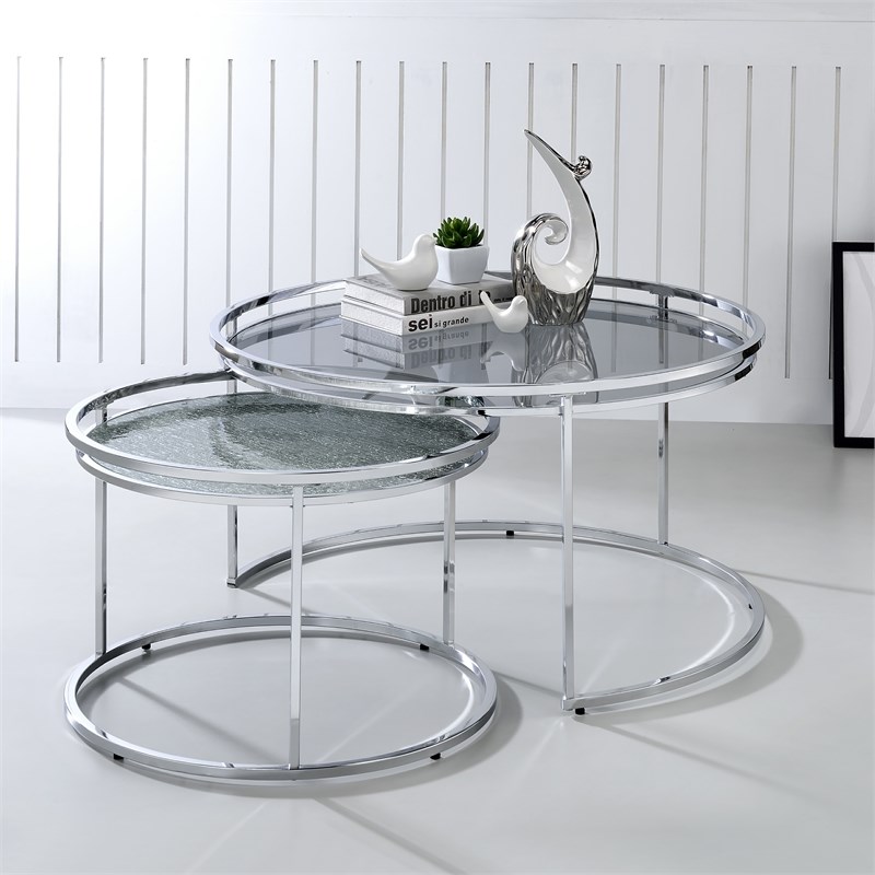 Furniture of America Belmont Metal 2-Piece Nesting Table in Chrome and Gray