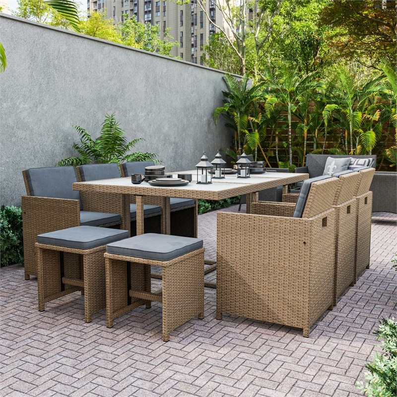 Muse & Lounge Co. Fields 11-Piece Outdoor Dining Set in Natural Wicker / Rattan