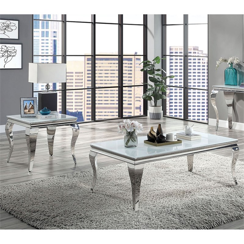 Furniture of America Alang Glass Top 2pc Coffee Table Set in White and Silver