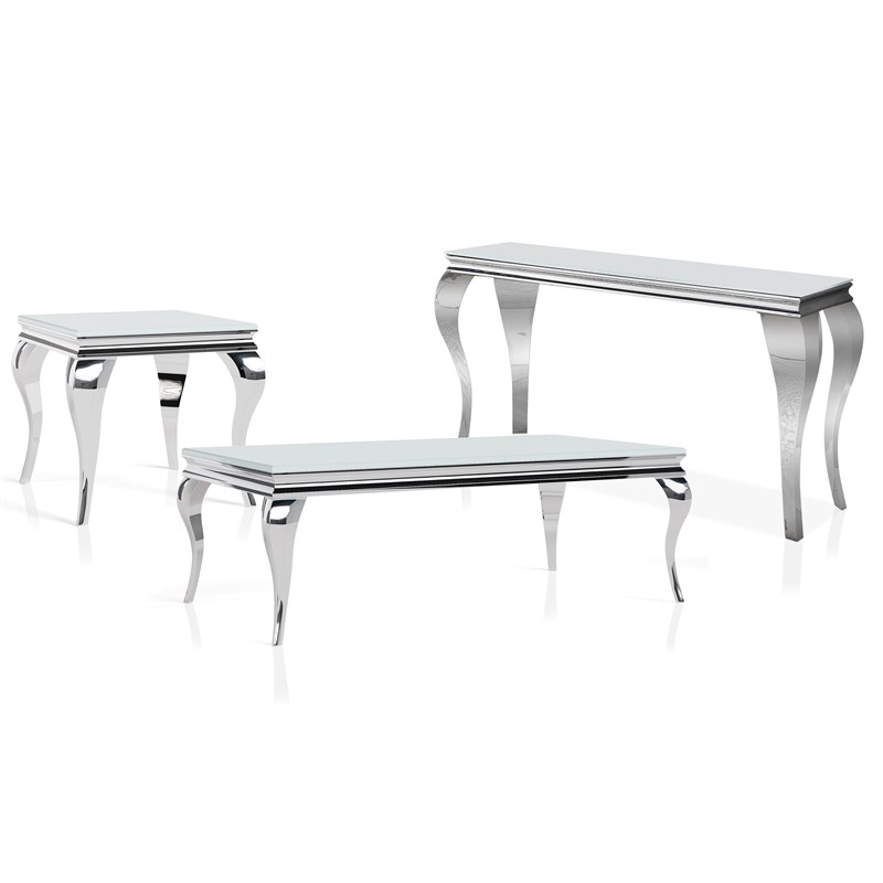 Furniture of America Alang Glass Top 3pc Coffee Table Set in White and Silver